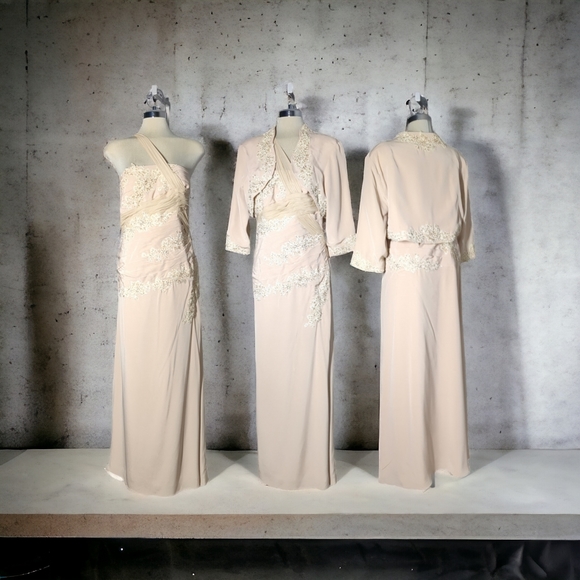 UNIQUE Couture Beige Embellished Two Pieces Formal Maxi Dress Size 16 - Picture 12 of 16